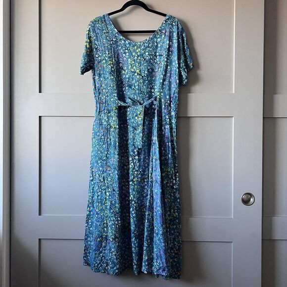 Eagle Ray Traders Dress Womens Large Blue Rayon Boho Batik Maxi Pockets Tie Back - Picture 7 of 14